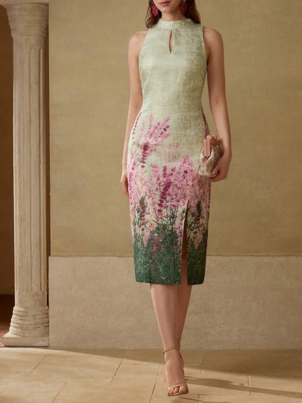Cream Floral Print Keyhole Neck Midi Dress
